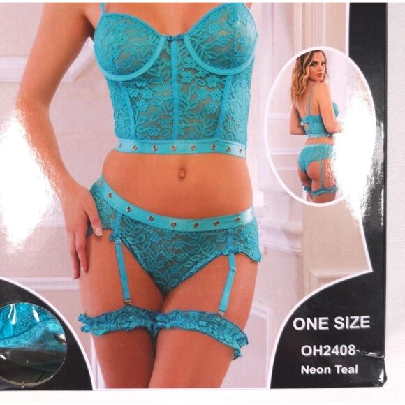 3 Pc Studded Bustier Top and Hiphugger Set With Garters One Size Neon Teal - Picture 7 of 7